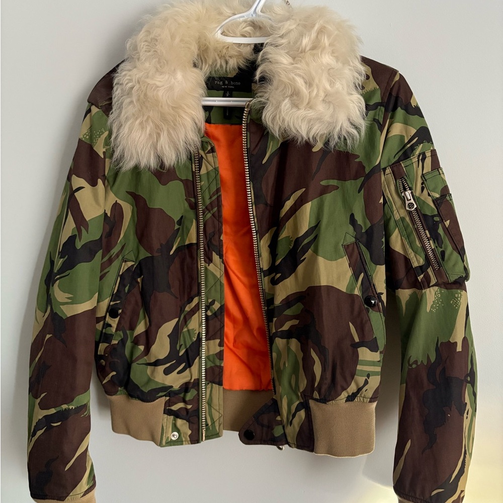 RARE Rag & Bone Camo Flight Jacket with a Lamb Collar - Size S